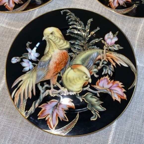 6 Pcs Fitz&Floyd Chinese Pheasant Plate& Mug 14K Trim Black Olive Made In Japan - Picture 4 of 10